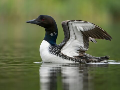 Common Loon Swimming in Calm Lake with Open Wing Display