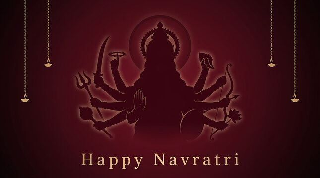 Divine durga silhouette with multiple arms and festive lamps on maroon background celebrating durga puja and navratri spiritual indian festival artwork design