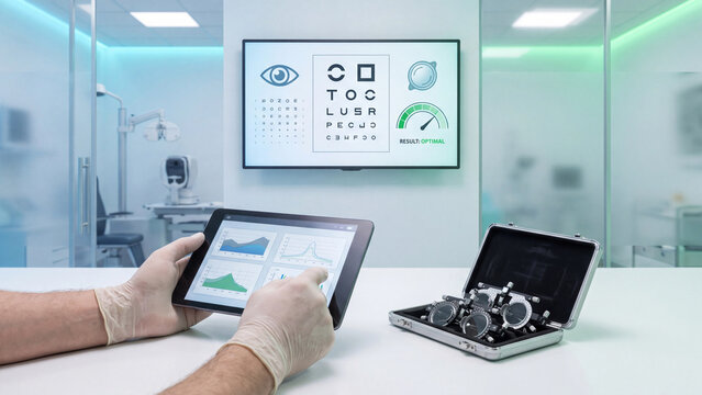 Eye examination and vision test result analysis. Optometrist in gloves using tablet with health chart, eyesight screen display and trial lens kit in optical clinic for optometry diagnosis