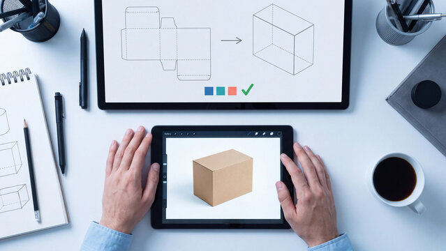 Packaging design and cardboard box mockup development. Designer hands on tablet with 3D package model, die line template on screen and sketch on desk for product branding and prototype