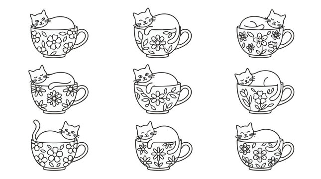 Charming whimsical illustrated tea cups with playful cat faces, concept for branding, packaging design, and children's educational materials