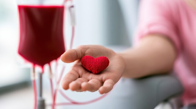 Donated blood bag beside a patient holding a red heart during a hospital transfusion and blood donor awareness campaign
