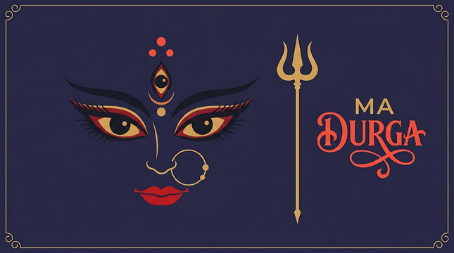 Stylized durga eyes and golden trident on navy background representing durga puja and navratri sacred hindu festival spiritual celebration decorative devotional design