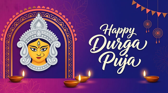 Traditional goddess durga face with decorative arch and festive oil lamps celebrating durga puja and navratri on vibrant purple blue festival background