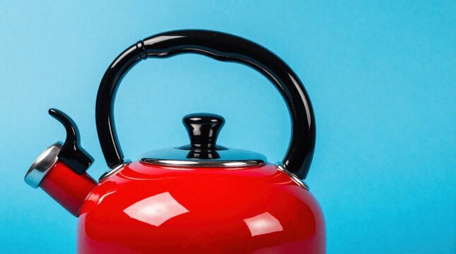 Shiny red whistling tea kettle with black handle sits on plain blue background. Kitchenware for brewing hot beverages like tea or coffee. Object is classic domestic item.