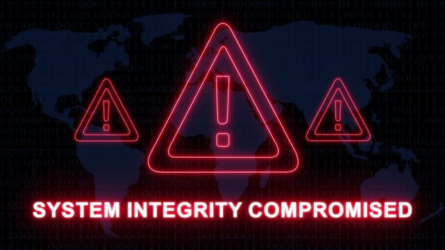 Cyber security alert warning system integrity compromised digital motion featuring glowing red neon warning triangles and binary code map background, for network breach, and data protection