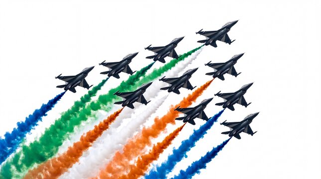Military fighter jet formation flying in formation producing colorful smoke trails on white background