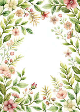Rectangular watercolor border with tiny flowers and green leaves