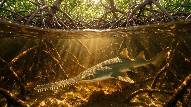 Sawfish Swimming Through Mangrove Forest Roots