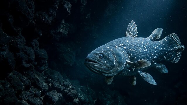 Coelacanth Swimming in Deep Ocean Rocky Environment