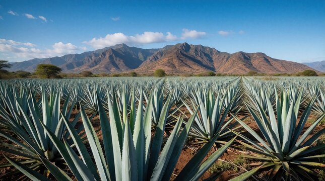 Rows of blue agave plants stretch across a arid landscape towards distant mountains under a clear sky. This succulent is the source for tequila production.