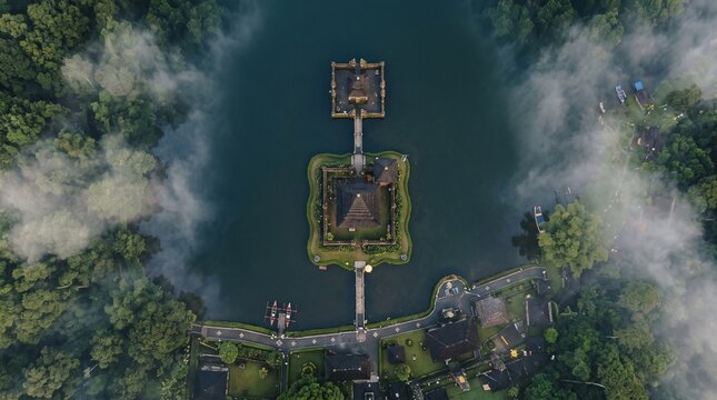 Direct top-down aerial view of a sacred water temple complex on a calm lake shrouded in mist