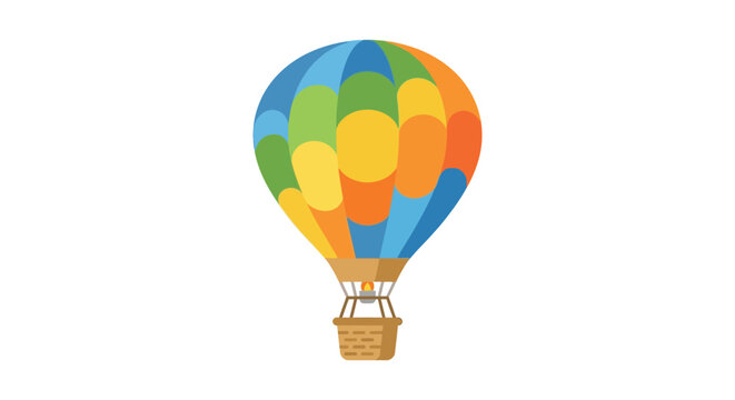 Colorful hot air balloon illustration features a wicker basket and patchwork design