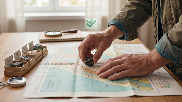 Geology mineral exploration concept, geologist hands placing rock sample on geological survey map with specimen boxes, compass and magnifier for mining research, prospecting and resource study