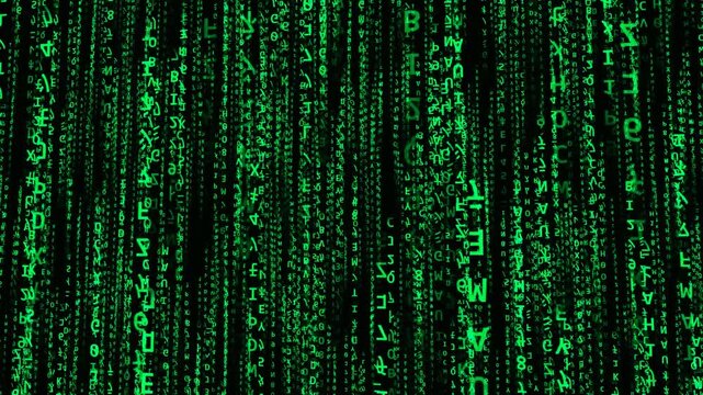 Immersive 3D perspective of green binary code characters falling in a dense cascade through a dark digital void. Evokes cybersecurity, ethical hacking, programming, and data encryption themes. Seamles