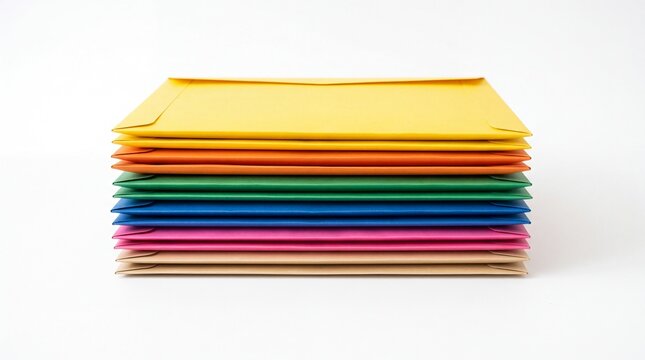 Colorful stack of paper envelopes arranged in a vibrant neat pile isolated on white background