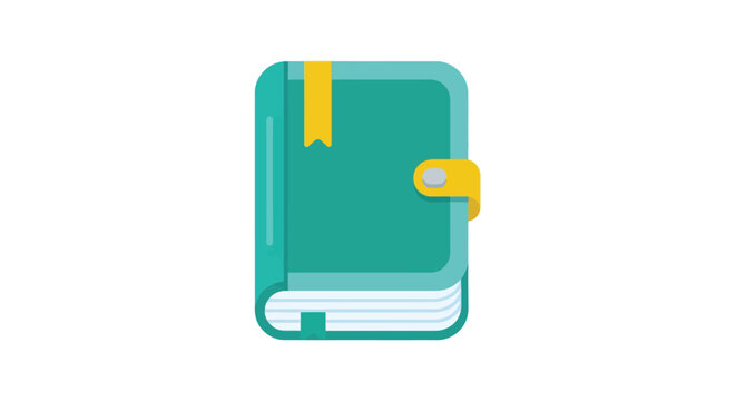 Closed teal notebook with a yellow bookmark and clasp flat vector illustration