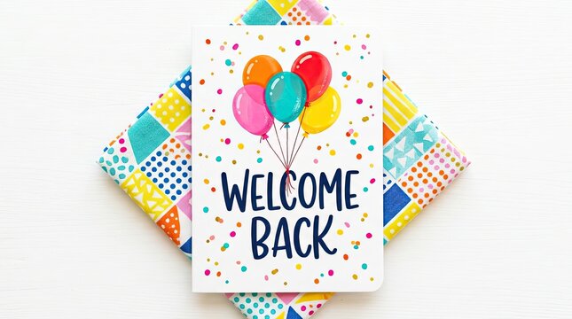 Colorful welcome back door hanger with balloons and confetti for a happy return