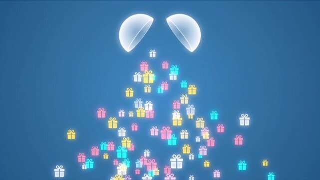 スカイブルーの空間で球体からカラフルなギフトボックスが降り注ぐ3D背景