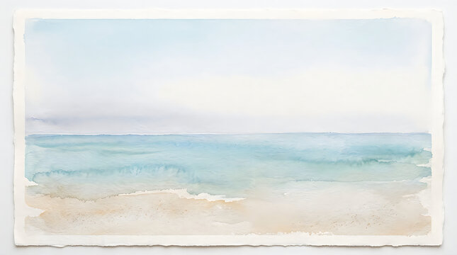Soft watercolor painting of a calm blue ocean beach with gentle waves and sandy shore on paper texture