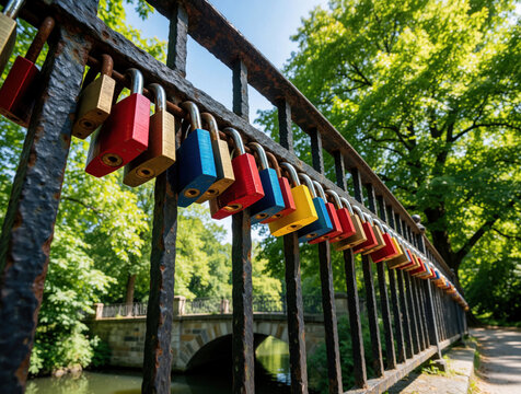 Colorful love locks hang on rusty metal bridge fence. Many padlocks attached to iron railing in green park. Romantic symbol of affection near stone bridge, canal. Couples leave colorful locks to show