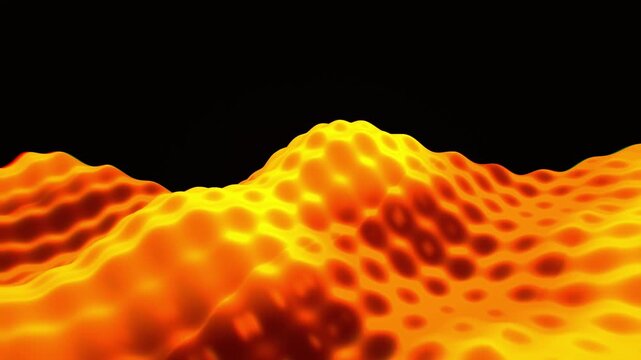 Flowing golden orange silk ribbon fabric waves ripple across a dark space with dynamic surface patterns in a 3D motion background