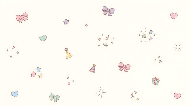Cute pastel birthday party pattern with colorful bows stars hearts and gift boxes on a light background