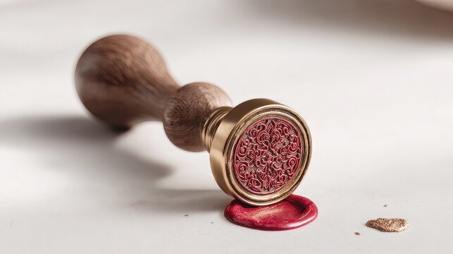 Vintage wax seal stamp with wooden handle, brass metal stamper on red wax, elegant stationery tool for wedding invitations