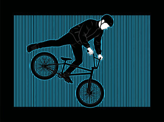 Fototapeta premium Stylized BMX rider performing mid-air stunt vector illustration. Urban extreme sports jump on blue striped background.