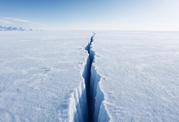 Vast polar ice landscape with a striking crack across smooth snow, cool blue tones, crisp textures, bright daylight, and a distant frozen horizon. © shahjalal