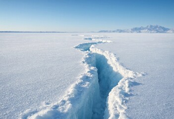 Vast polar ice landscape with a striking crack across smooth snow, cool blue tones, crisp textures, bright daylight, and a distant frozen horizon. © shahjalal