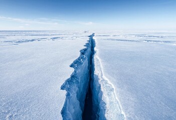 Vast polar ice landscape with a striking crack across smooth snow, cool blue tones, crisp textures, bright daylight, and a distant frozen horizon. © shahjalal