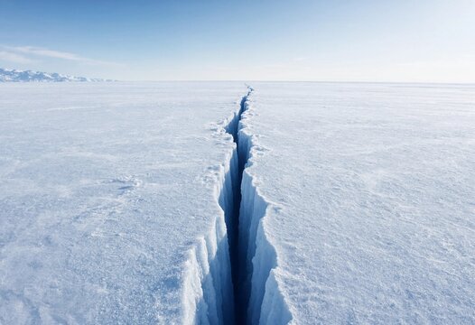 Vast polar ice landscape with a striking crack across smooth snow, cool blue tones, crisp textures, bright daylight, and a distant frozen horizon.