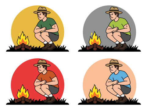 Serious Scout Crouching by Campfire Vector Character Set