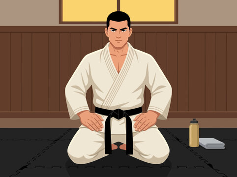 Karate Master Kneeling in Seiza Position Vector Illustration