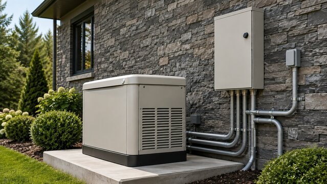 Contemporary generator setup outside a stone residence highlighting a dependable backup energy solution for households in a beautifully designed outdoor space filled with lush greenery