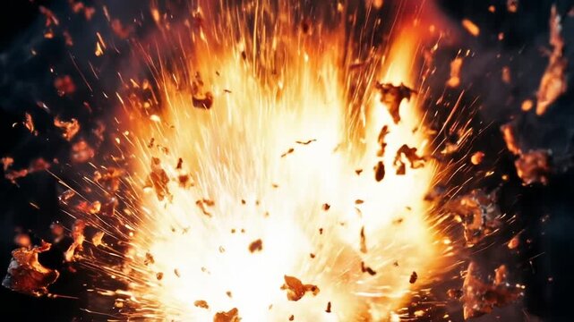 Dynamic radiant spark flutter on black concept. Bright fiery explosion with flying debris and intense sparks on dark background action blast