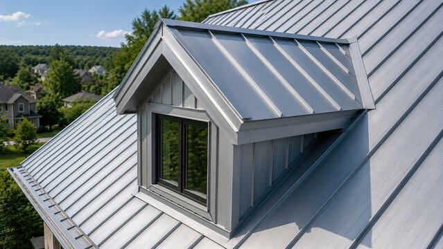 Modern architectural design featuring a stylish metal roof with a dormer window showcasing sleek lines and contemporary aesthetics in a suburban neighborhood under clear blue skies.