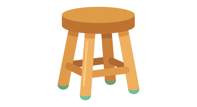Wooden stool with rounded seat and tapered legs is presented in a flat vector style