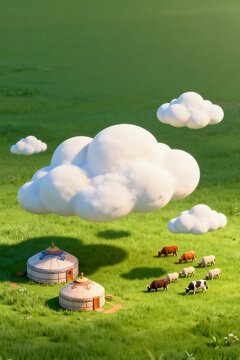 Grassland Yurts Grazing Livestock Under Clouds