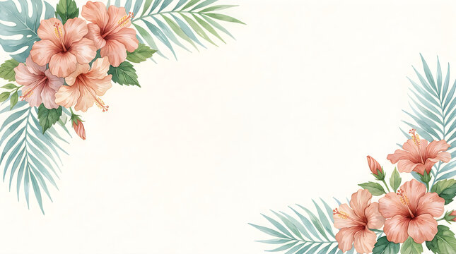 Beautiful orange hibiscus flowers and palm leaves corner frame border design isolated on white background