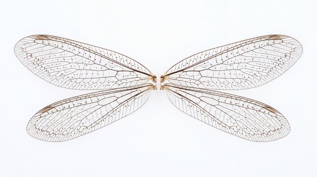 Delicate transparent insect wings showing intricate vein patterns displayed in balanced symmetry on white background