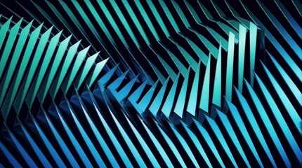 Obraz premium Abstract 3D render of metallic triangles in a cool blue and teal gradient forming a sharp wave pattern. Futuristic geometric backdrop with clean lines and sharp edges, representing advanced tech.