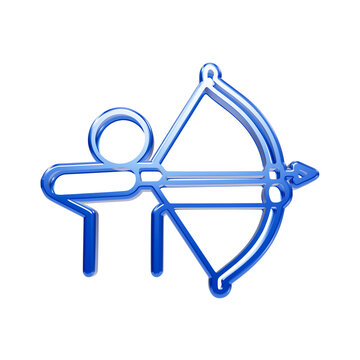 Blue glossy depicting an archer aiming and shooting an arrow with a bow