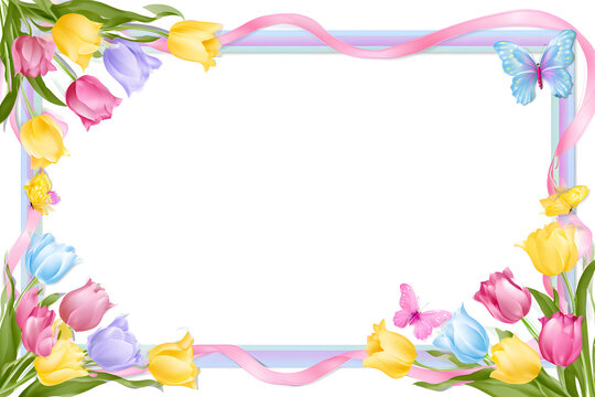 Cute spring floral border with tulips and butterflies on a white background. Ribbon accents adorn a pastel-colored frame. Perfect for greeting cards.