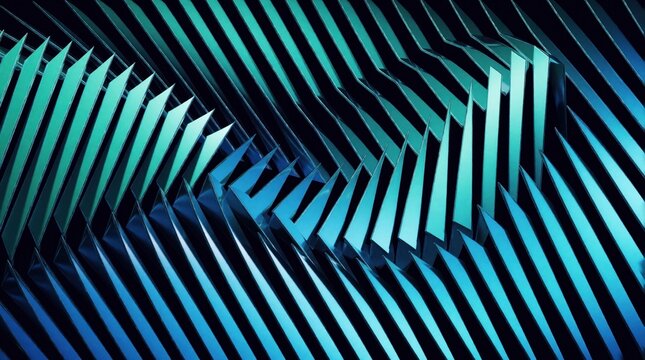 Abstract 3D render of metallic triangles in a cool blue and teal gradient forming a sharp wave pattern. Futuristic geometric backdrop with clean lines and sharp edges, representing advanced tech.