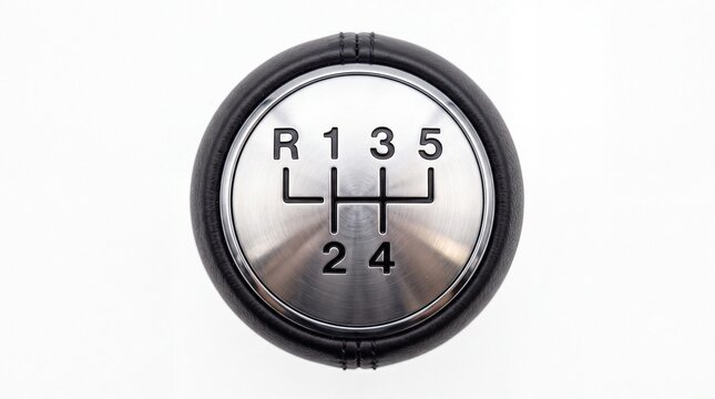 Manual car gear shift knob with metallic finish and black leather texture isolated on white background