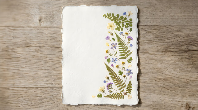 Old handmade paper sheet decorated with pressed green fern leaves and small flowers on a grey wooden surface
