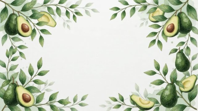 Watercolor avocado and leaf frame on a white background, perfect for healthy food designs and natural product promotions.