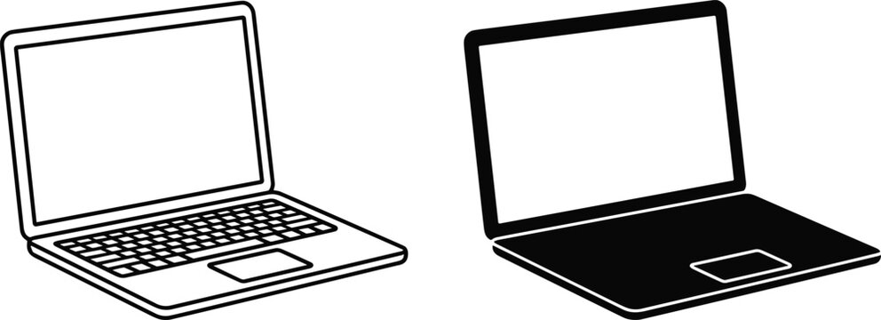 Modern open laptop computer vector graphic showing blank screen workplace device in outline stroke and solid black glyph styles